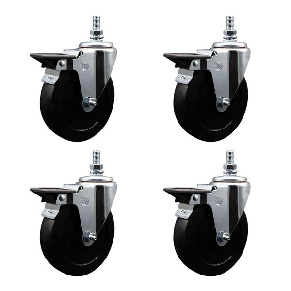 5 Inch Soft Rubber 12 Inch Threaded Stem Caster Set with Brake